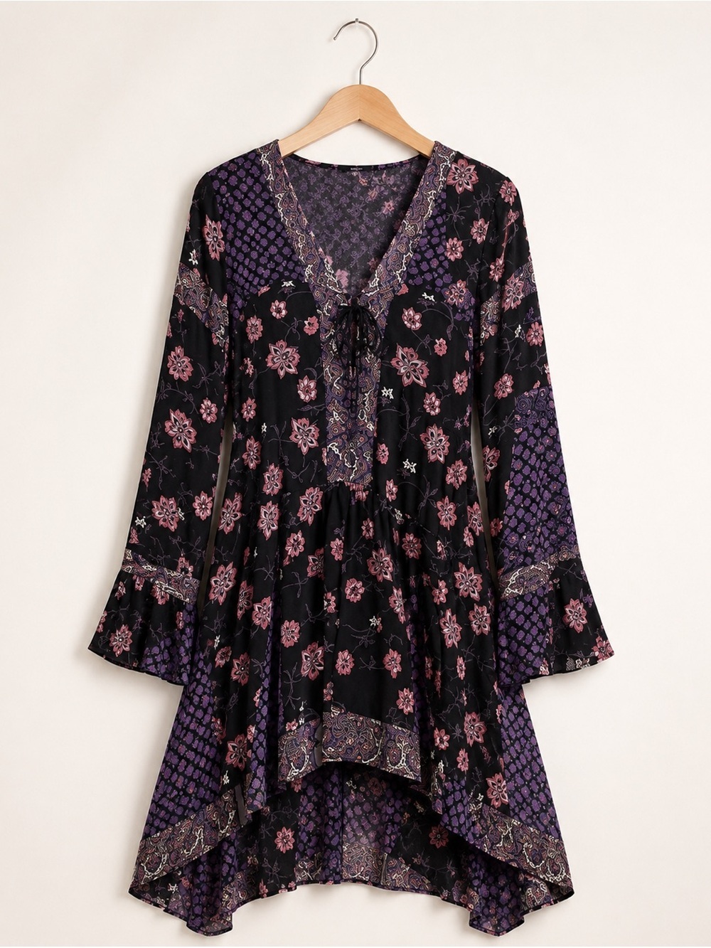 Anna Sui x O’Neill Black Boho Dark Romantic Whimsigoth Lace Up Dress High Low S
